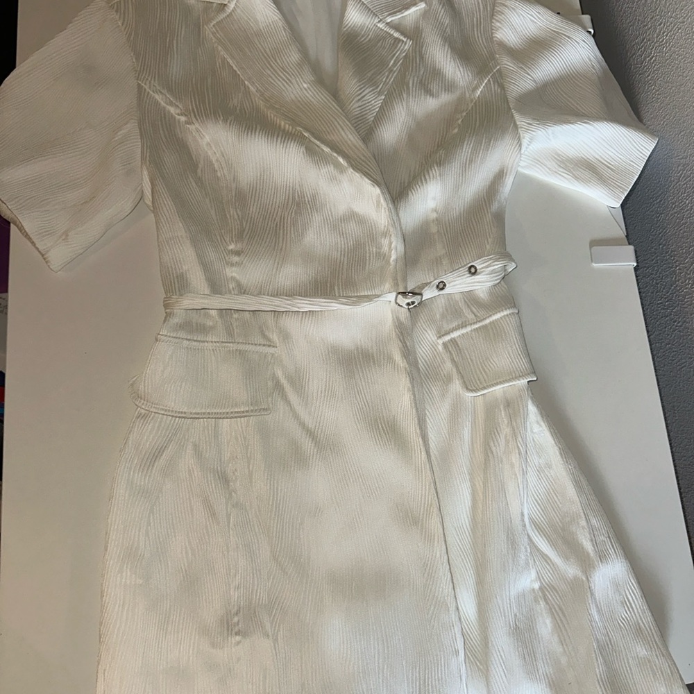 Elegant White Satin Dress with Belt - from anthropology